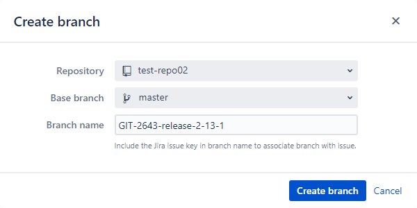 Jira Git Source Code panel - create branch