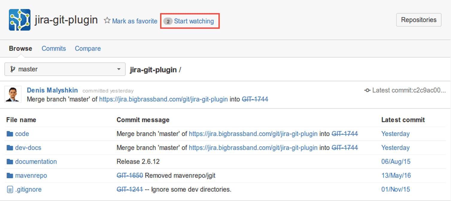 Watching git repository for commit notifications