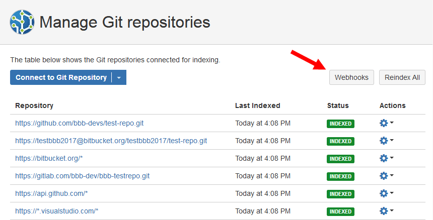 Manage Git Repositories page Webhooks