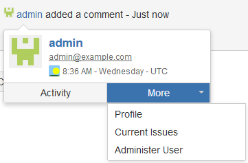 Jira user card example showing more dropdown options